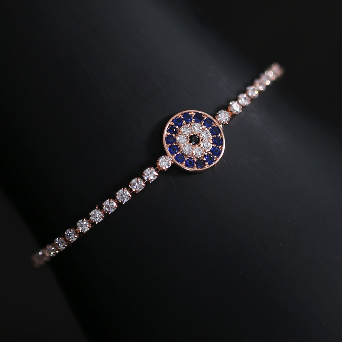 Evil Eye Rose Gold Bracelet with Blue and White Stones